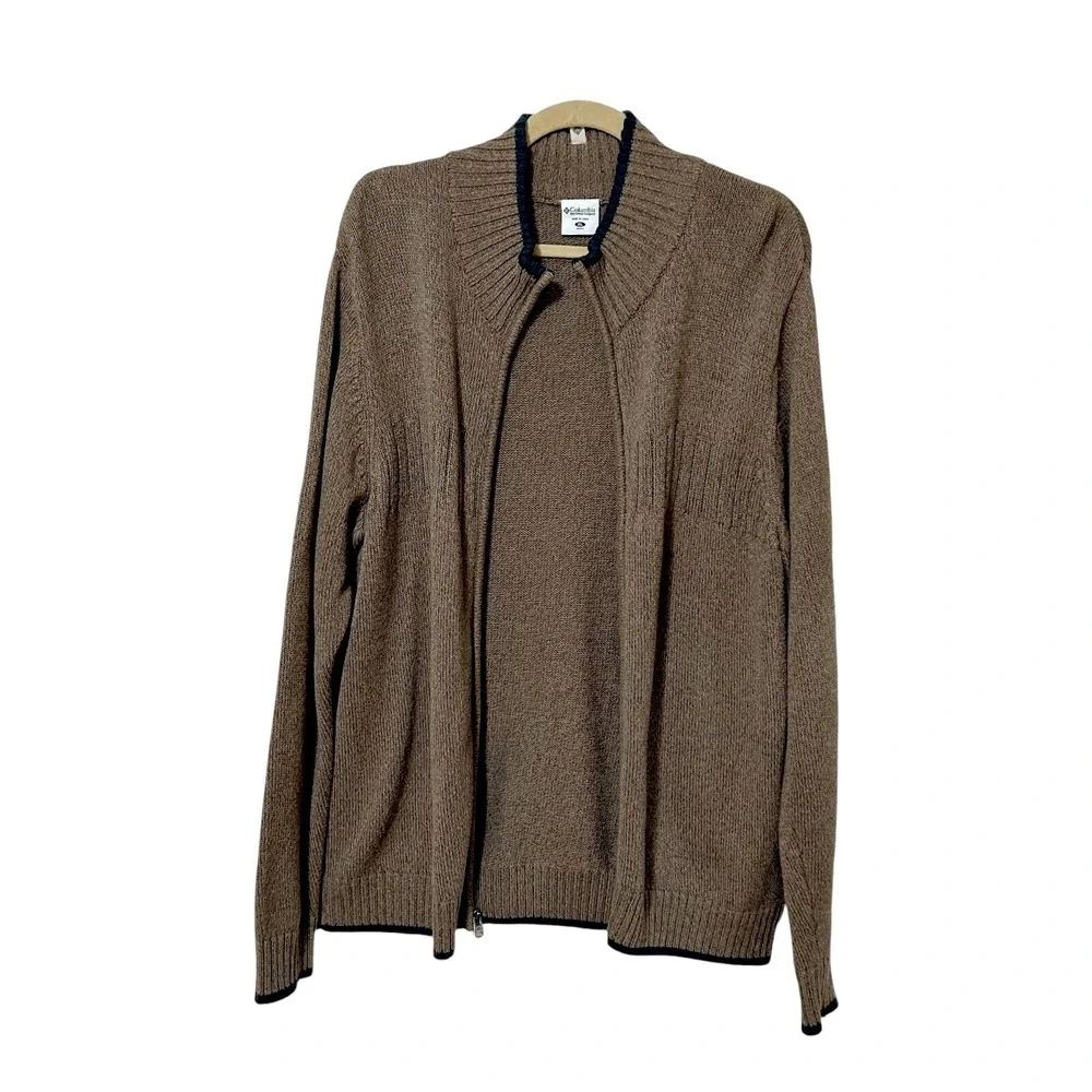 Columbia Mens Full Zip Knit Cardigan Sweater XL Beige Tan Cotton Heavyweight EUC